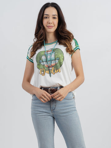 Women's Mineral Wash Contrast Stitched Cactus Graphic Print Short Sleeve Tee - Cowgirl Wear