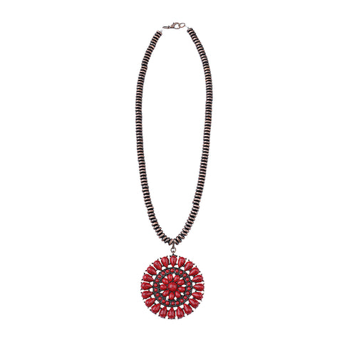 NKS220926-15CRD Bronze Beads With Red-Turquoise Stone Round Floral Shape Necklace