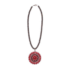 NKS220926-15CRD Bronze Beads With Red-Turquoise Stone Round Floral Shape Necklace