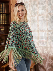 PCH-1739 Montana West Turquoise Leopard Fringe Poncho