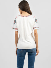 Delila Women Mineral Wash Embroidered Aztec Tie-String Tassel Tee DL-T090