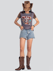 American Bling Women Cross Leopard Print Short Sleeve Shirt AB-T6001（Prepack 8 Pcs）