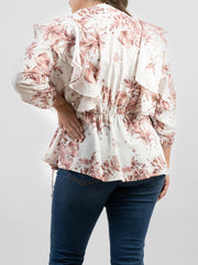 American Bling Women Floral Print Ruffle 3/4 Sleeve Wrap Plus Size Blouse AB-TS1013