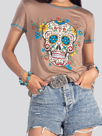 American Bling Women Sugar Skull Short Sleeve Shirt AB-T6002（Prepack 8 Pcs）