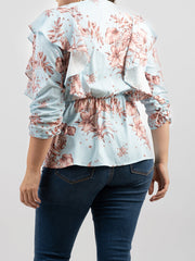 American Bling Women Floral Print Ruffle 3/4 Sleeve Wrap Plus Size Blouse AB-TS1013