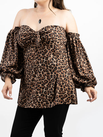 American Bling Women Leopard Print With Knot Off-Shoulder Sleeve Plus Size Top AB-T1011