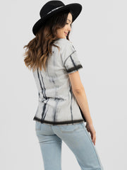 Women's Mineral Wash Constrat Stitched Tribal Feather Graphic Short Sleeve Tee DL-T051