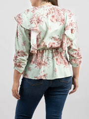 American Bling Women Floral Print Ruffle 3/4 Sleeve Wrap Plus Size Blouse AB-TS1013