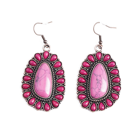 ER221015-01 Copper Base with Hot Pink Turquoise Stone Blossom Oval Shape Dangling Earring