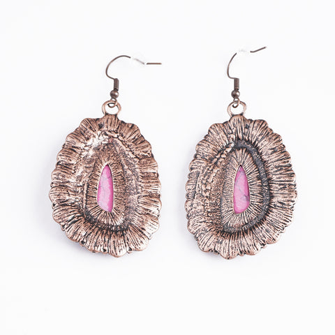 ER221015-01 Copper Base with Hot Pink Turquoise Stone Blossom Oval Shape Dangling Earring