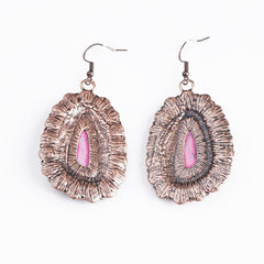 ER221015-01 Copper Base with Hot Pink Turquoise Stone Blossom Oval Shape Dangling Earring