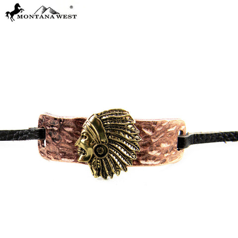 BR160101-01COP  Indian Head With leather Cord Bracelet