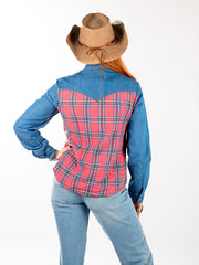 Montana West Women Patchwork Plaid Long Sleeve Chambray Shirt MW-S1003 (Prepack 7 Pcs)