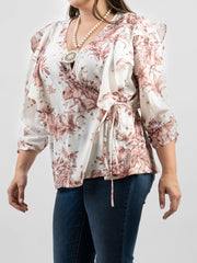 American Bling Women Floral Print Ruffle 3/4 Sleeve Wrap Plus Size Blouse AB-TS1013