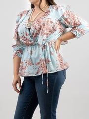 American Bling Women Floral Print Ruffle 3/4 Sleeve Wrap Plus Size Blouse AB-TS1013（Prepack 6 Pcs）