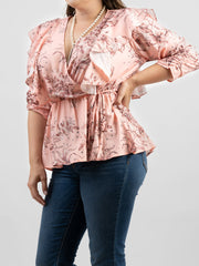 American Bling Women Floral Print Ruffle 3/4 Sleeve Wrap Plus Size Blouse AB-TS1013