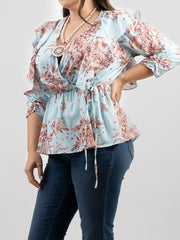 American Bling Women Floral Print Ruffle 3/4 Sleeve Wrap Plus Size Blouse AB-TS1013