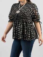 American Bling Women Shirred Floral Print Peplum Waist Plus Size Blouse AB-TS1002
