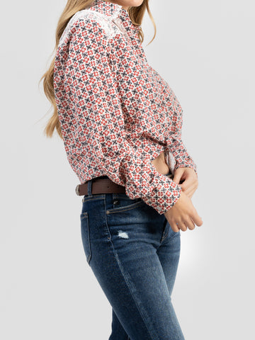 American Bling Women Floral Printed Contarst Lace Cowgirl Shirt  AB-TS1033（Prepack 6 Pcs）