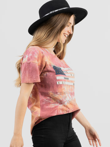 Women's Tie-Dye Hand Stitched Studded Flag Short Sleeve Tee DL-T020