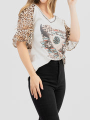 Delilia Women's Mineral Wash “Cow Skull” Graphic Short Sleeve Tee DL-T084