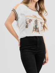 Women's Mineral Wash Contrast Stitched Studded Eagle and Desert Graphic Short Sleeve Tee DL-T072