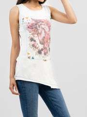 Women's Mineral Wash Hand Stitching Floral Horse Graphic Tassel Sleeveless Tee DL-T024