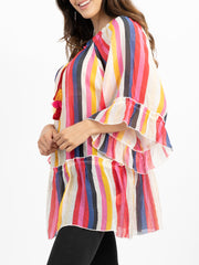 American Bling Women Multi Stripe Round Neck With Tie Tassel Blouse AB-T1031（Prepack 6 Pcs）