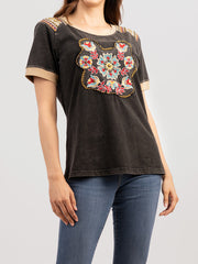 Delila Women Mineral Wash Floral Embroidered Patchwork Short Sleeve Shirt DL-T017