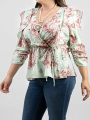 American Bling Women Floral Print Ruffle 3/4 Sleeve Wrap Plus Size Blouse AB-TS1013（Prepack 6 Pcs）