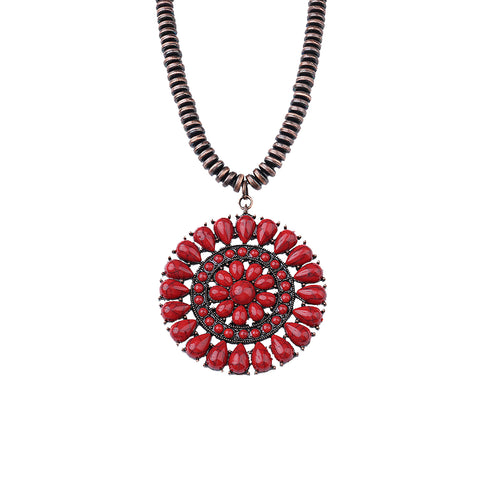 NKS220926-15CRD Bronze Beads With Red-Turquoise Stone Round Floral Shape Necklace