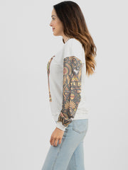 Women's Studded "101 Ranch Wild West" Graphic Print Distressed Long Sleeve Sweatshirt DL-T079