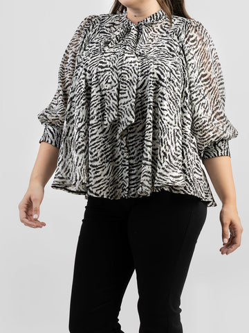 American Bling Women Zebra Print Oversized 3/4 Sleeve Round Neck With Knot Plus Size Blouse AB-TS1012