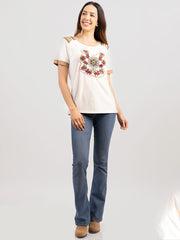 Delila Women Mineral Wash Floral Embroidered Patchwork Short Sleeve Shirt DL-T017
