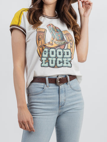 Delila Women Mineral Wash “Good Luck” Graphic Short Sleeve Tee DL-T068