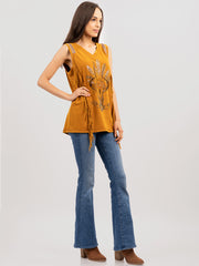 Delila Women Mineral Wash Retro Bull Graphic Fringe Tee DL-T026