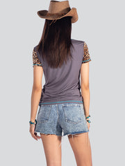 American Bling Women Cross Leopard Print Short Sleeve Shirt AB-T6001（Prepack 8 Pcs）