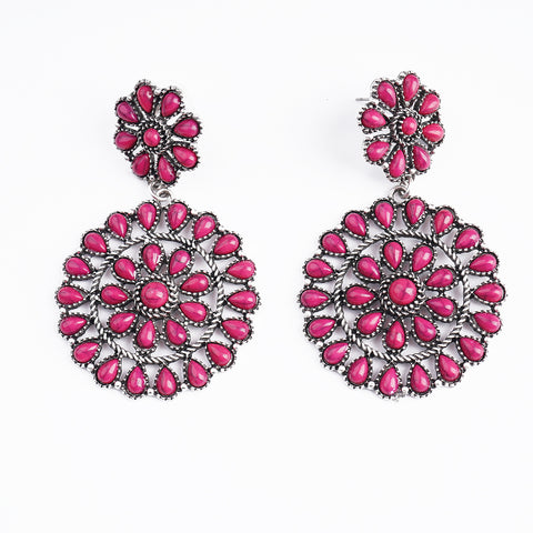 ER221015-04  Silver Base Hot Pink Stone Round Shape Dangling Earring