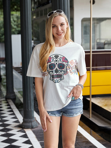 American Bling Sugar Skull And Aztec With Rhinestones Women Short Sleeve T-Shirt AB-T6009（Prepack 7 Pcs）