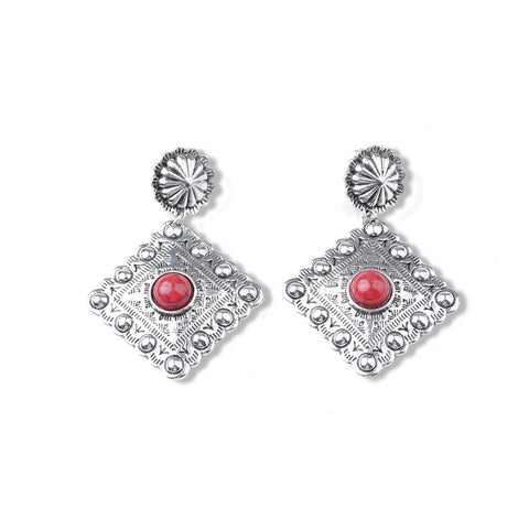 ER190810-02 Red Stone with Silver Rhombus Shape Earring