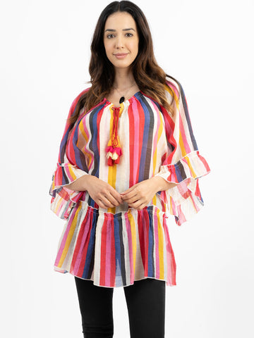 American Bling Women Multi Stripe Round Neck With Tie Tassel Blouse AB-T1031