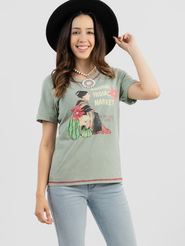 American Bling Women Mineral Wash ''Annual Indian Market'' Graphic Short Sleeve Tee AB-T2108 （Prepack 8 Pcs）