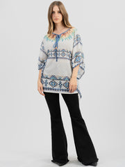Women's Mineral Wash Aztec Feather Graphic Drop-shoulder Relaxed ¾ Sleeve Tee DL-T005