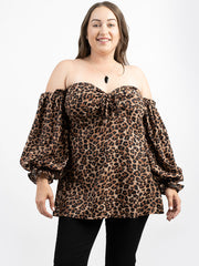 American Bling Women Leopard Print With Knot Off-Shoulder Sleeve Plus Size Top AB-T1011