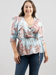 American Bling Women Floral Print Ruffle 3/4 Sleeve Wrap Plus Size Blouse AB-TS1013