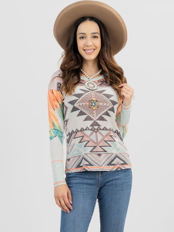 Delila Women Mineral Wash “Aztec” Graphic Long Sleeve Tee DL-T021（Prepack 7 Pcs）