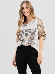 Delilia Women's Mineral Wash “Cow Skull” Graphic Short Sleeve Tee DL-T084