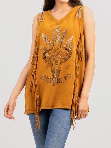 Delila Women Mineral Wash Retro Bull Graphic Fringe Tee DL-T026