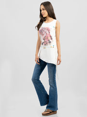 Women's Mineral Wash Hand Stitching Floral Horse Graphic Tassel Sleeveless Tee DL-T024