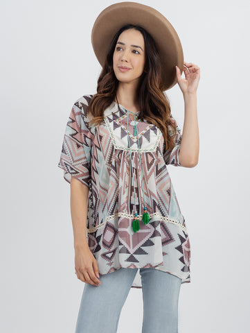 Delila Women Hand Seeded Beads “Aztec” Graphic Sheer Short Sleeve Top DL-T001（Prepack 7 Pcs）